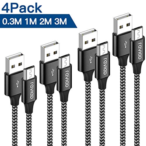 Micro USB Cable, RAVIAD [4Pack 0.3M 1M 2M 3M] Android Charger Cable Nylon Braided Micro USB Fast Charger Charging Cable for Android Samsung Galaxy S7/S6/S5, Huawei P Smart, Xiaomi, Nokia, Nexus, HTC