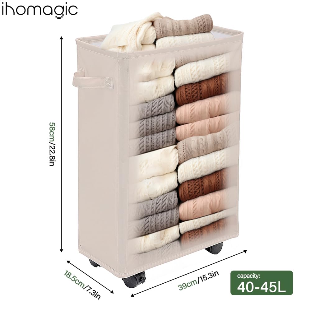 40L Estrecho Cesto Ropa Sucia con Ruedas, Cestos para la Colada Rectangular, Bolsa de Lavandería Plegable, Pequeño Cesto de Ropa Para Toallas de baño, Equipos de fitness, Sombrillas (Beige) - 3