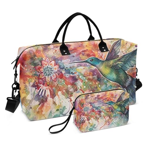 Large Travel Duffel Bag, Doodle Humming Watercolor Sport Tote Gym Bag, Shoulder Weekender Overnight Bag for Women Men, Carry On Luggage with Toiletry Bag