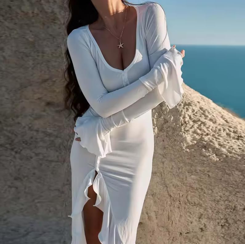 AIBEARTY Women's Sexy V Neck Ruffle Split Dress Flare Long Sleeve Single Breasted Bodycon Irregular Party Evening Dresses - Image 3