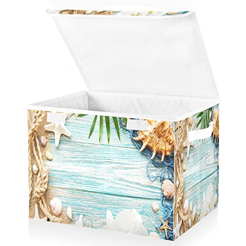 Oyihfvs Beach Seashell Starfishes Foldable Cube Storage Basket Collapsible Fabric with Lidded Sturdy Handles Organizer Box for Home Bedroom 16.5 x 12.6 x 11.8 in