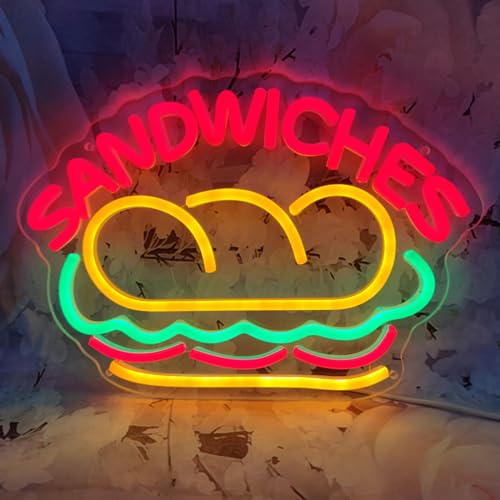 Sandwiches Neon Sign Sandwich Sign Food Neon Signs for Wall Decor, Sandwich Decorate for Home Kitchen Restaurant Store Fast Food Man Cave Party Decor, 12.9
