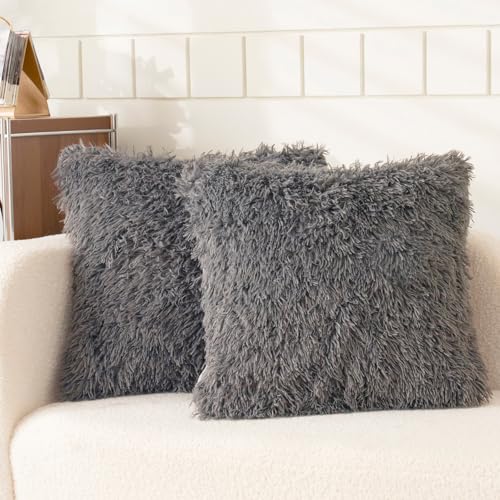 HAIHUA Faux Fur Dark Gray Throw Pillow Covers...