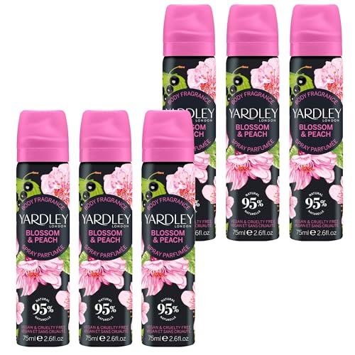 Yardley London Blossom and Peach Body Spray, Floral Body Spray for Women with Notes of Citrus and Cassis, Blossom Body Mist for Women 6 x 75ml