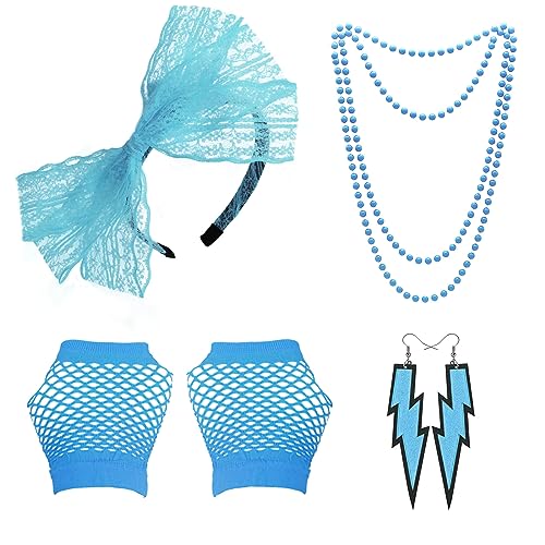 Grantop 80s Fancy Dress Costume Accessories for Women 1980s Fancy Party Costume Set including Lace Headband Earrings Necklace Fishnet Glove