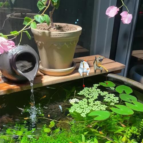Image of Qpets Fish Tank Accessories, Cartoon Cat Figurines Fishing Kitty PVC Mini Sculptures Desk Decor & Aquarium Ornaments (5-Pack)