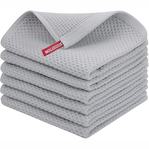 Image of Kitchen Cotton Lint Free Waffle Weave Hand Towels, Quick Drying Dish Cloths, Highly Absorbent Dish Rags Tea Towels Set with Hanging Loop, 13.4 inchx 13.4 inch, Light Grey, Pack of 6