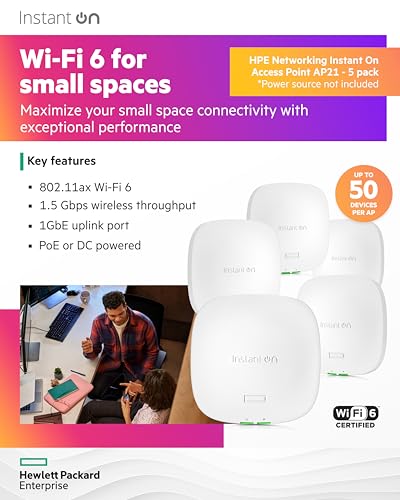 Image of HPE Networking Instant On Access Point AP21 2x2 WiFi 6 Indoor Wireless Access Point (5 Pack) | Single-Room, Secure, Smart Mesh Support | Power Source Not Included | US Model (S1T08A-5PACK)