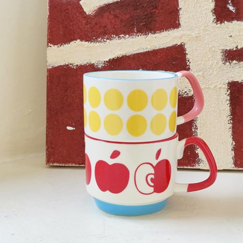 Image of Spooky Japanese Retro Ceramic Coffee Mug - 300ml Printed Stackable Cup with Handle - Creative Ins-Style Ear-Hanging Design for Milk, Tea & Espresso - Ideal Gift for Couples, Home or Cafe (Red-Apple)