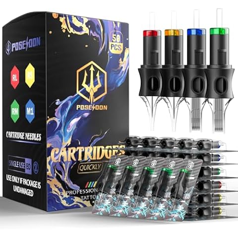Poseidon 50PCS Tattoo Cartridge Needles Assorted Mixed Size #12 Round Liner Shader Magnum - 3RL 5RL 7RL 9RL 5RS 7RS 9RS 15M1 15RM 21RM with Membrane Professional Disposable Tattoo Needles Cover