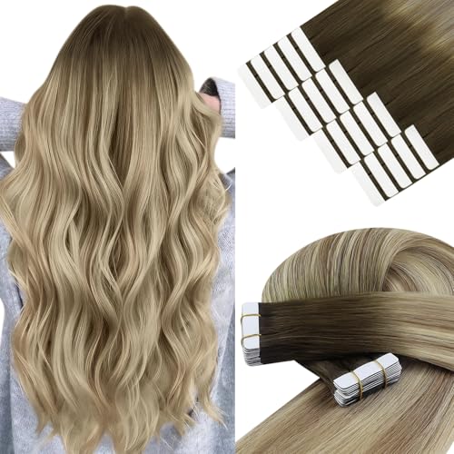 Image of YoungSee Hair Extensions Tape in Ombre, Tape in Extensions Balayage Brown with Blonde, Tape ins Human Hair Extension, Short Straight Hair, 12In 30g 20pcs