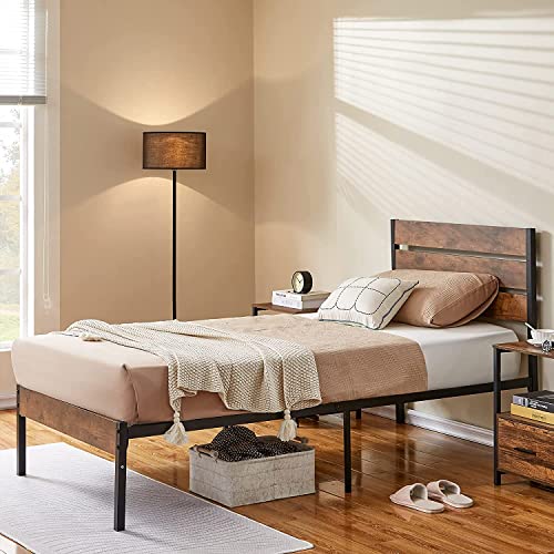 Vecelo Platform Twin Bed Frame With Rustic Vintage Wood Headboard And Footboard, Mattress Foundation, Strong Metal Slats Support, No Box Spring Needed #TOP5