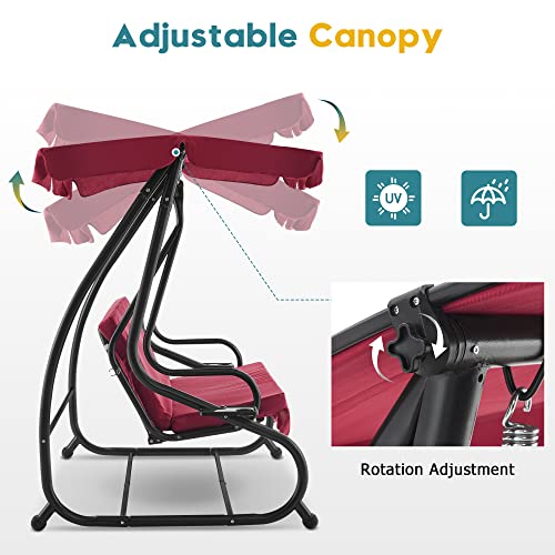 Mcombo 3 Seat Patio Swing Chair, Outdoor Swing With Adjustable Canopy, Weather Resistant Steel Frame, Porch Swing Sets For Backyard, Poolside, Balcony, 4090 (Burgundy) #TOP3