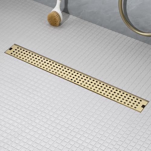 24 Inch Linear Shower Drain - Brushed Gold 304 Stainless Steel Rectangular Floor Drain with Adjustable Leveling Feet Hair Strainer and Removable Grate