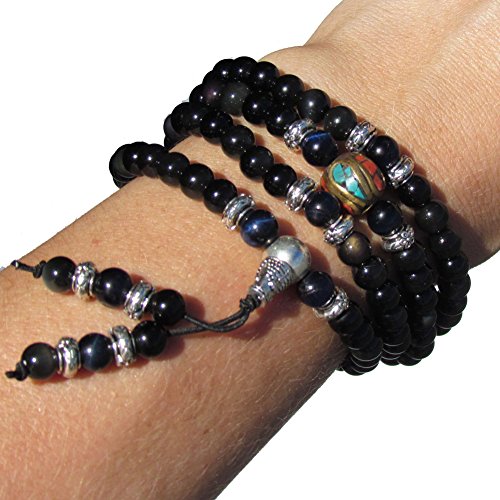 Image of Mala Beads Stretch Bracelet Black Obsidian & Tiger Stone, Buddhist Prayer Beads, Yoga Bracelets, Wear for Daily Meditation & Spiritual Growth, 6mm Meditation Beads, Unisex