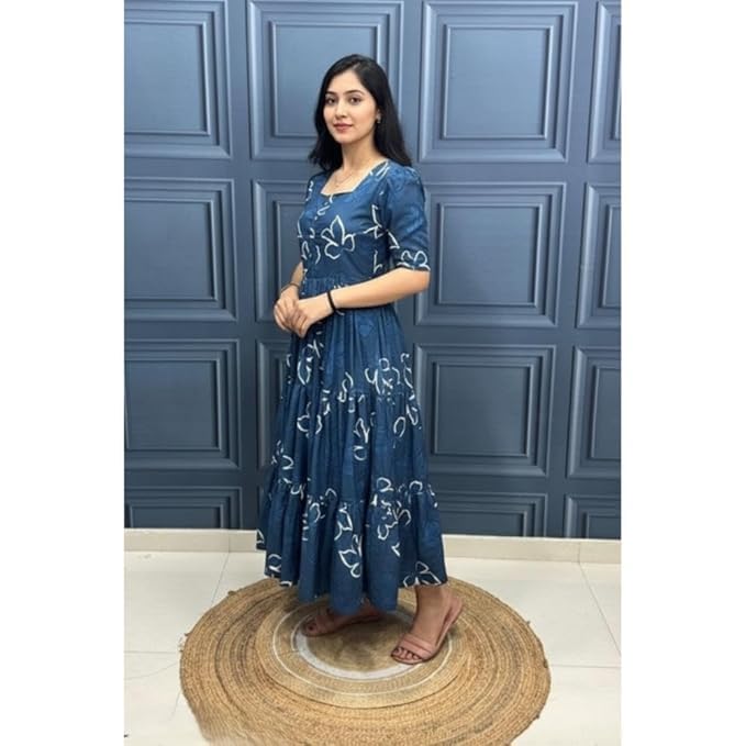 Image of Modestouze Attires Women's Paisley Pattern Rayon Midi Dress with Half Puff Sleeve Round Neck Calf Length and Pull On Closure Type