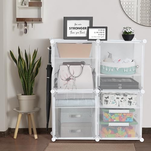 Image of ABOUT SPACE PP Plastic 24 Pair DIY Shoe Rack for Home with Door&Hanger-Portable Shoe Stand-4 Cube Expandable Shelves-Shoe Cabinet for Balcony,Men,Women,Heels,Boots,Loafers,Sneakers,Slippers(White)