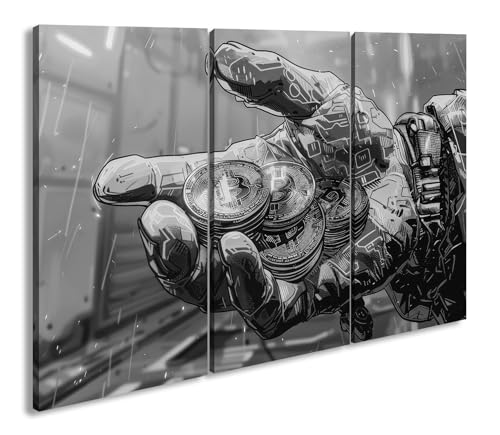 Mano de ciberespacio con bitcoins relucientes, envuelta en un brillo de neón futurista. Formato: 120 x 80 cm (3 piezas). Efecto: blanco y negro como lienzo, diseño en marco de madera auténtica,