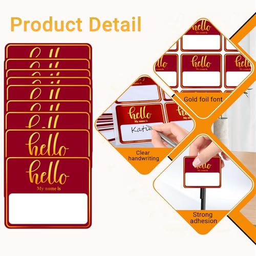 Image of 180 PCS Hello My Name is Name Tag, Gold Foil Name Tags Sticker, 2.5 x 3 Inch Large Name Labels, Red Adhesive Name Tag Labels for Business, Party - Office, School, Home