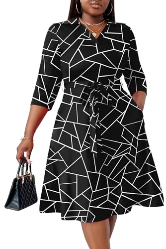 Image of FANDEE Plus Size Midi Dress for Women - Printing Summer Dresses for Wedding Guest Cocktail Party 3 /4 Sleeve V Neck(L-5XL)