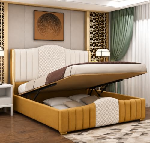 Image of Aesthetic Crafts Hydraulic Bed Queen Size with Storage, Sheesham Wood Upholstered Wooden Double Bed, Queen Size Bed with Hydraulic Storage, Modern Platform Cot for Bedroom & Hotels, 6.5 x 5 Ft, W.Gold