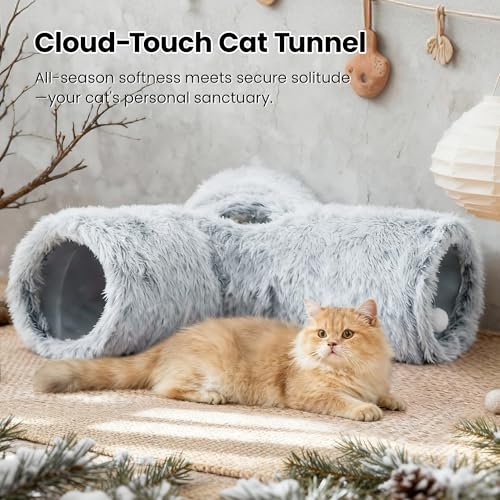Image of Tempcore Plush Cat Tunnel for Indoor Cats, 3 Way Collapsible Pet Play Tunnel with Teaser Wand, Peek Holes & Hanging Ball, Interactive Tube for Kittens & Rabbits, Light Grey