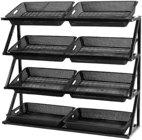 Commercial Supermarket 4-Tier Vegetable Rack Organizer, 43'' Tall Retail Display Stand, Black Basket Storage Shelf for Grocery and Convenience Stores