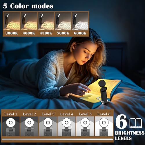 Image of Round Reading Light Clip On Book,USB Rechargeable Book Light,5 Colours and 6 Brightness dimmable,Angle Adjustable,for Reading for Bed (Black)