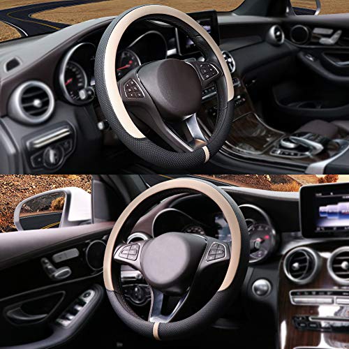 Cofit Breathable Steering Wheel Cover Microfiber Leather With Center Mark Design Universal Medium Size 14 1/2-15 Inch Beige And Black #TOP1