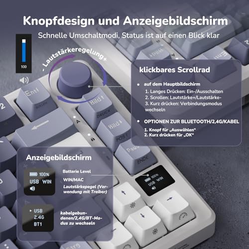 RK ROYAL KLUDGE M75 Gaming Tastatur kabellos 75% TKL Mechanische Tastatur RGB 2,4 GHz Wireless/Bluetooth/USB-C QWERTZ mit OLED-Smart-Display und Knopf Hot Swappable Roter Schalter, Lavendelviolett – Bild 4