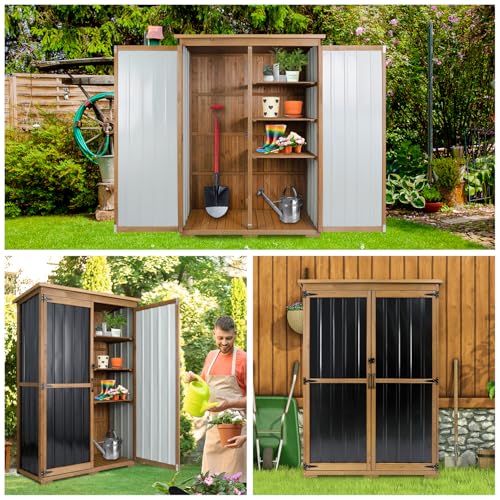 Image of Outdoor Storage Cabinet Waterproof with Shelves, Outdoor Storage Shed Garage Cabinet Weatherproof, Wood & Metal Outside Patio Backyard Garden Pool Storage Tool Organizer