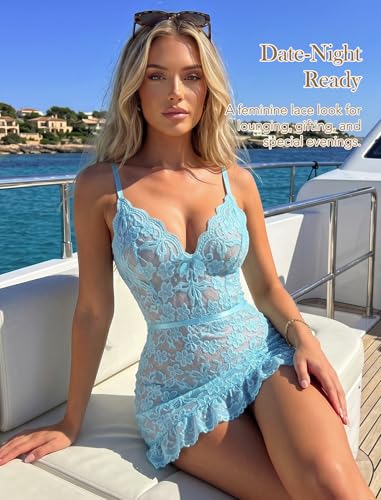 Image of Girece Sexy Lingerie for Women Babydoll Lingerie Dress Lace Chemise Nightgown with Adjustable Straps, Ruffle Hem G String