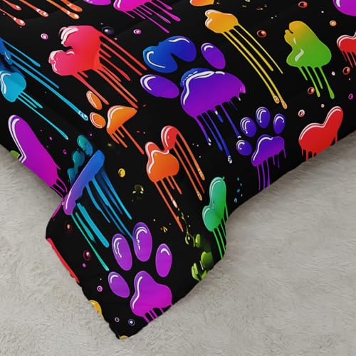 Image of AILONEN Colorful Dripping Paw Print Comforter Set Queen Size,Graffiti Theme Bedding Sets for Kids Girls Boys Bedroom Decor,3-Pieces,1 Quilt and 2 Pillowcases