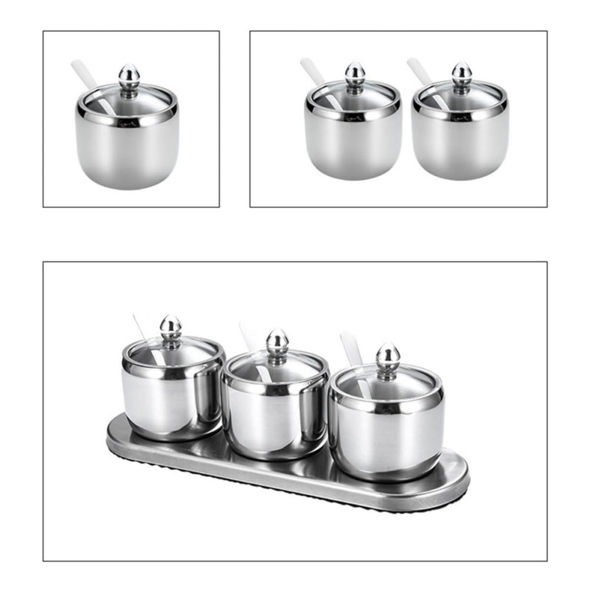 Set di 3 Barattoli per Spezie in Acciaio Inox con Base Rotante, Contenitori per Condimenti in Vetro e Acciaio, Accessori per Cucina Moderni per Buffet e Tea Party