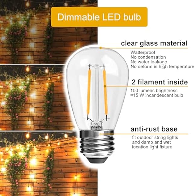 24Ft Outdoor Hanging String Lights,12 LED S14 Vintage Bulbs,Heavy Duty 120V Plug in & Connectable,Dimmable Patio Lights,2700K Glass Bulb