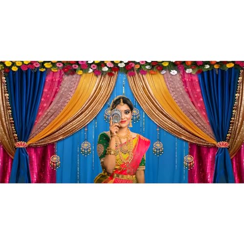 Image of 20x10ft India Style Backdrop Photography Curtain Flower Garland Photography Background India Hindu Wedding Traditional Banner Diwali Pooja Decorations for Bride Couple Portrait Props