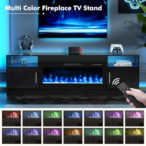 BREEZEHEAT 70 inch TV Stand with Fireplace-Led Entertainment Center for 75+ inch TV-Fireplace TV Console with Storage Cabinets, Metal Handles, Modern TV Stand for Living Room-Black