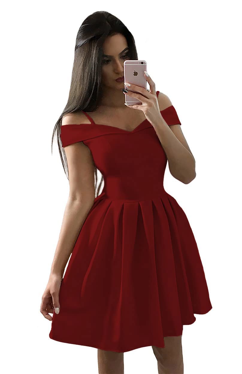 Wseyu Women's Burgundy Off Shoulder Short Homecoming Dresses A Line Backless Formal Dresses Satin Prom Gowns With Pockets For Juniors Uk16