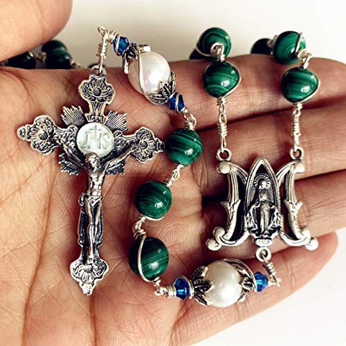 elegantmedical Handmade Sterling Silver Wire Wrapped UNDOUBTED Malachite &10mm Real Pearl Beads Rosary Cross/Crucifix Necklace Box Catholic Womens Gift4