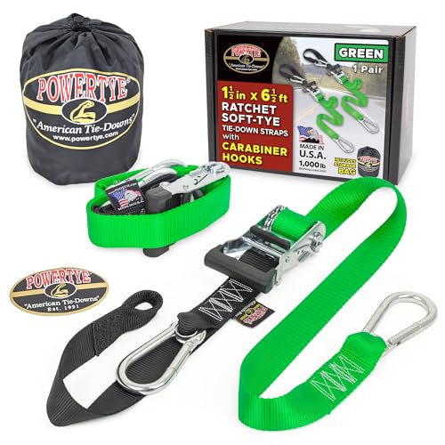Image of PowerTye 1.5 inch x 6.5ft Heavy Duty Ratchet Tie Down Straps with Carabiner Hooks, Soft-Tye & Storage Bag, for Motorcycle, ATV, Trailer & Cargo - 1,000 lb WLL - Made in USA - Green /Black Pair