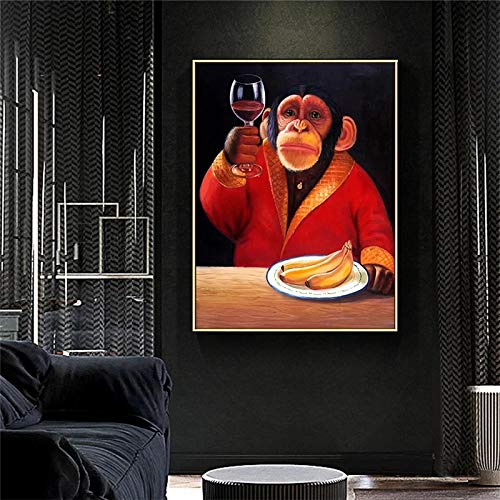 Chimpanzé boire du vin affiche animal noir et blanc toile 50x70 cm décoration murale de maison
