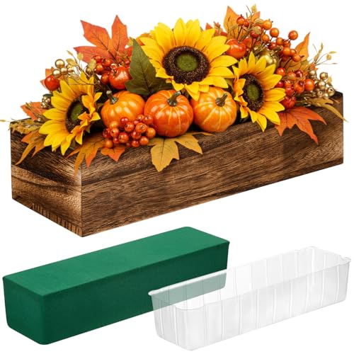 Dandat 1 Set Wood Boxes for Centerpieces 12x4 Inch Rectangle Wooden Planter Box Rustic Wood Planter with Removable Plastic Liner Floral Foam Blocks for Centerpieces Home Wedding Garden Decor