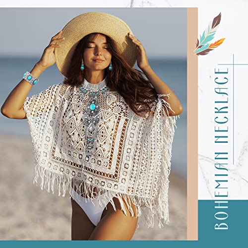 4 Pcs Boho Turquoise Jewelry Set Includes Boho Statement Necklace Body Chains Alloy Oval Resin Drop Dangle Earrings Adjustable Heart Compressed Turquoise Bracelet Statement Ring for Women4