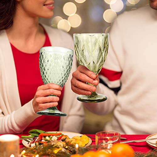 Wine Glass, Colored Glass Goblet, 6Oz/10Oz Vintage Pattern Embossed High Clear Glass Goblets For Party, Wedding (Diamond/Green/Set Of 2, 10Oz) #TOP5
