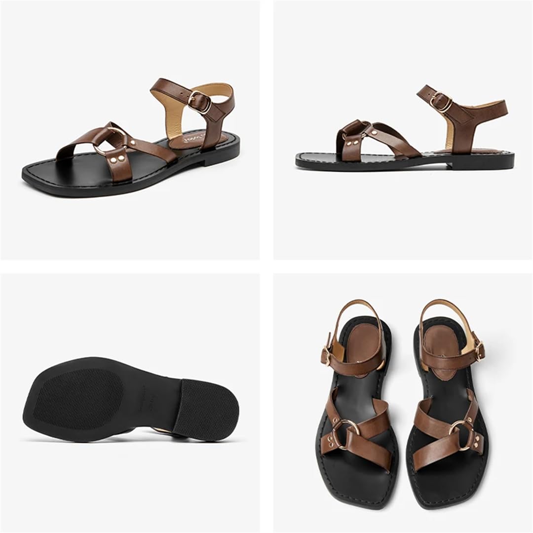 Sandalias básicas de piel de vacuno con hebilla y correa al tobillo para mujer, tacón plano, estilo casual, para verano, Brown, 40.5 EU