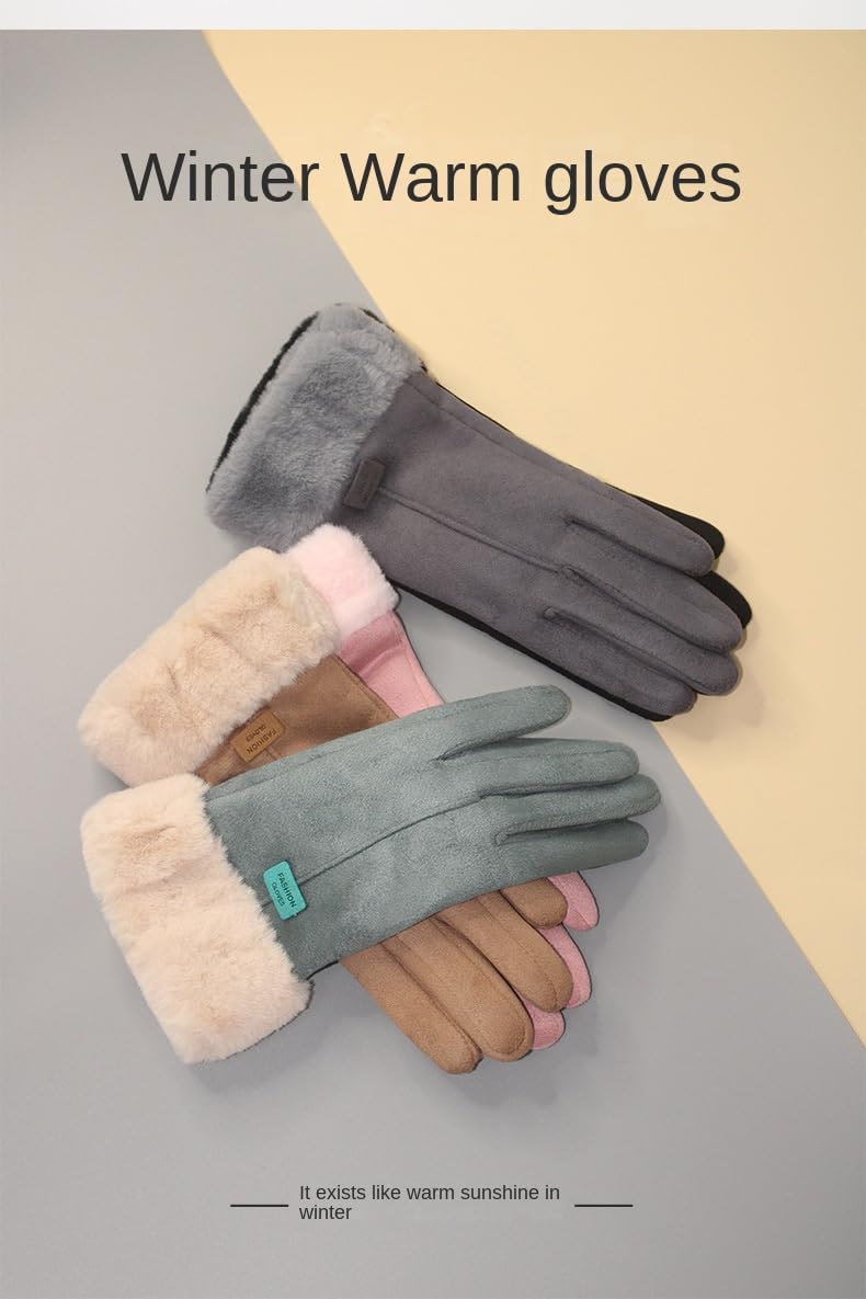 Women's Skiing & Snowboarding Gloveswomen'S Suede Warm Gloves with Velvet and Thickened Windproof Touch Screen Cycling GlovesBeige C