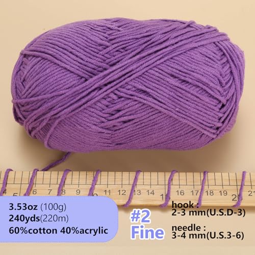Image of LUCKY BALL Milk Cotton Yarn, 100g / 240 yd 60% Cotton 40% Acrylic #2 Fine Sport Yarn, Soft Crochet & Knitting Yarn for Amigurumi Dolls, Baby Items, Flowers, Hats, Sweaters, Blankets (Purple)