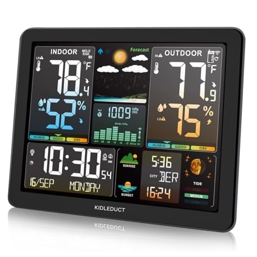 Weather Station Wireless Indoor Outdoor Thermometer, KIDLEDUCT 8.5" Large Color Atomic Clock with Sunrise Sunset Time, 5 Levels of Backlight, Weather Forecast/Barometer Run Chart, Moon Phase and Tide