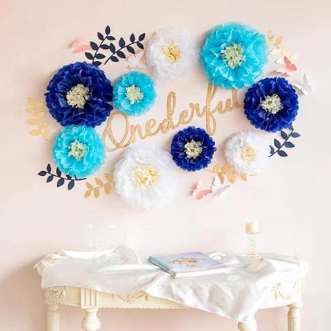 Fonder Mols Navy Blue White Tissue Paper Flowers Decorations for Wall Backdrop, Fishing Nautical Ocean Boy Themed Baby Shower Birthday Bridal Shower Decor (Pack of 17) Cover