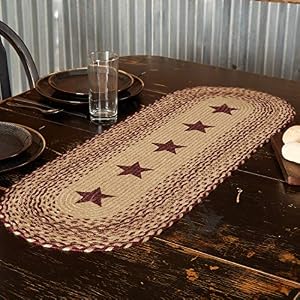 VHC Brands Burgundy Tan Primitive Jute Runner Braided Textured Stenciled Stars Set of 2 13×36